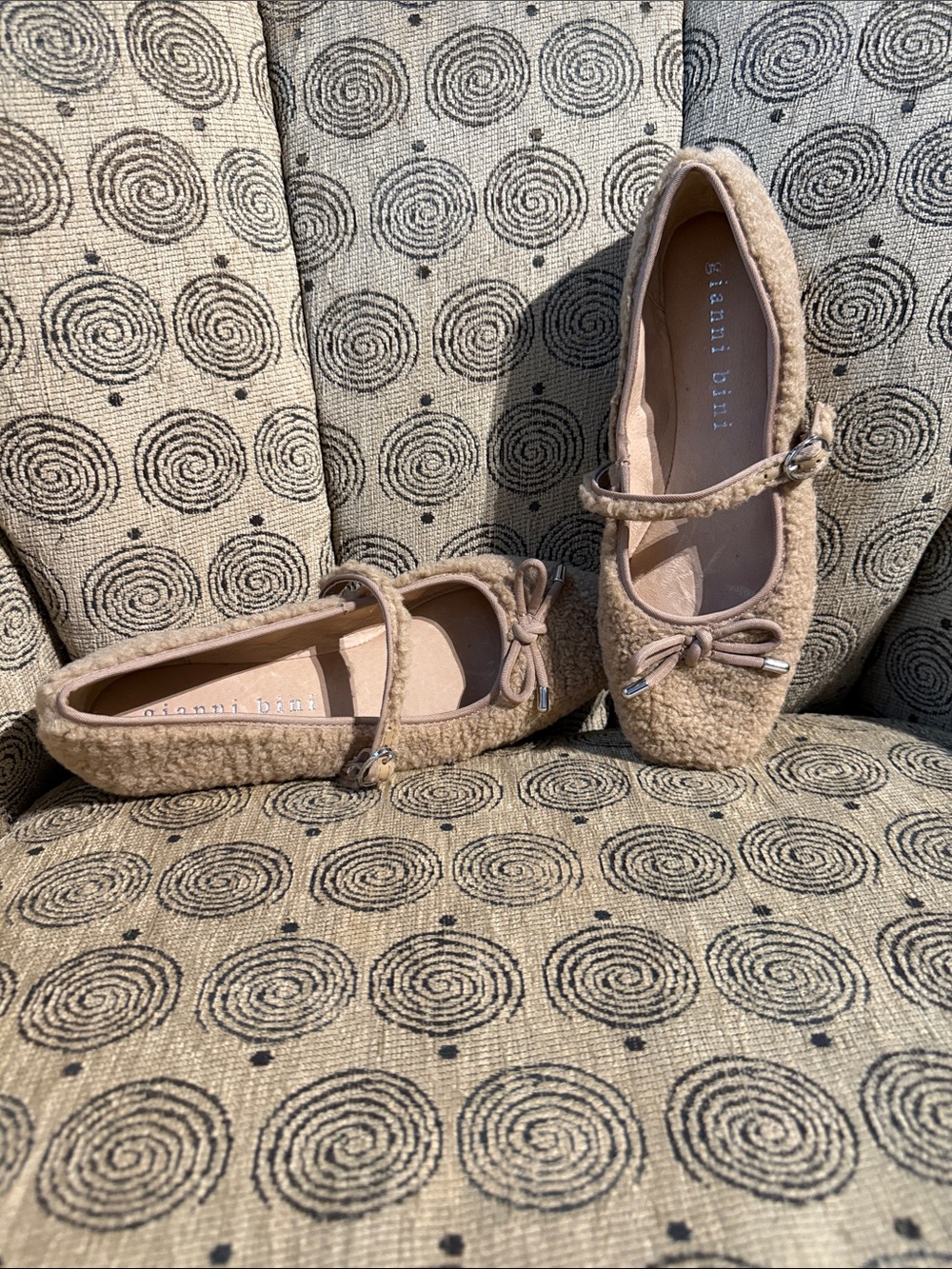 Gianni Bini Beige Sherpa Ballet Flats with Bow Strap